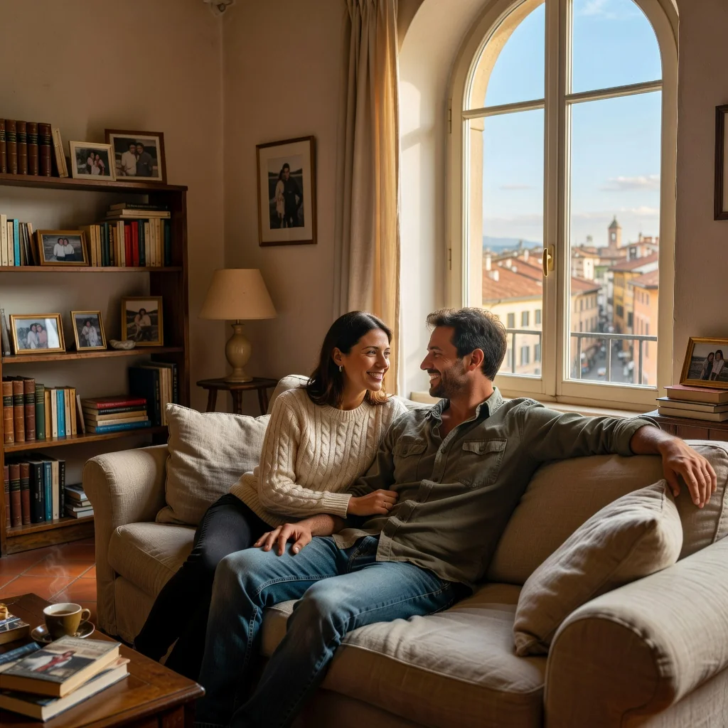 A photorealistic image depicting a happy adult couple in their modern Italian home, sitting together on a couch, looking affectionately at each other, symbolizing partnership and shared living without any legal documents visible.