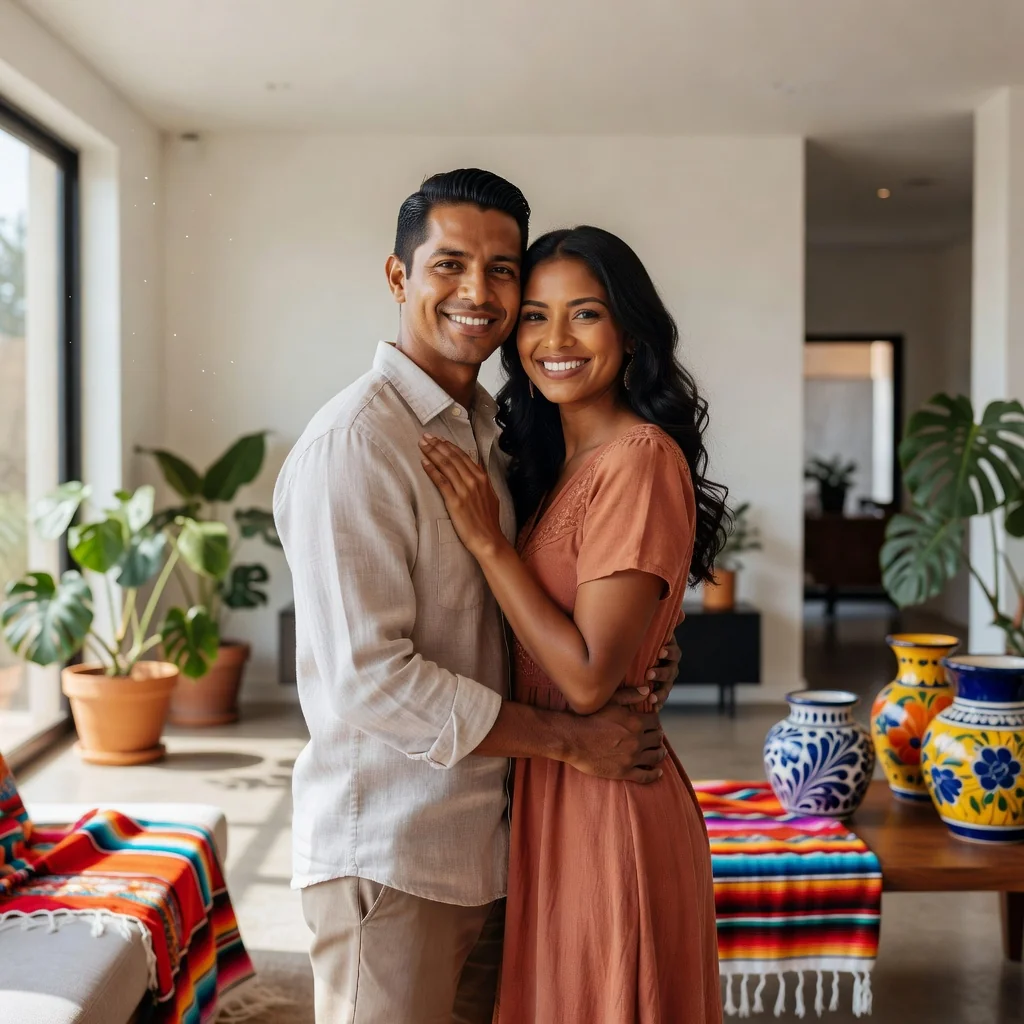 A photorealistic image of a loving adult couple in a committed relationship, embracing warmly in a cozy home setting in Mexico, symbolizing the benefits of concubinage agreement without any legal documents visible, conveying security and partnership.