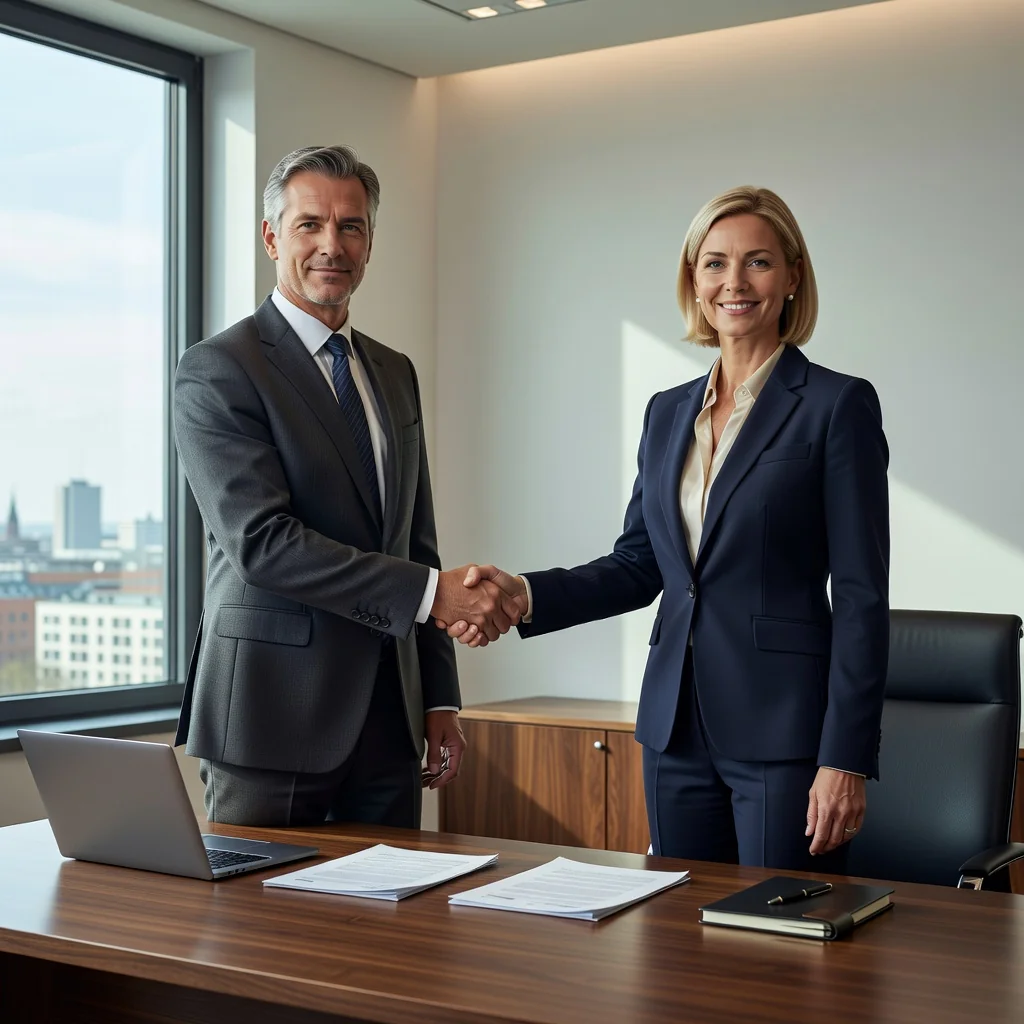 A photorealistic image representing partnership and collaboration in a business context, suitable for an article on Partnerschaftsvertrag legal documents in Germany. The scene shows two professional adults shaking hands across a modern office desk, symbolizing agreement and partnership, with subtle German elements like a flag or Berlin skyline in the background. No children or legal documents are visible.