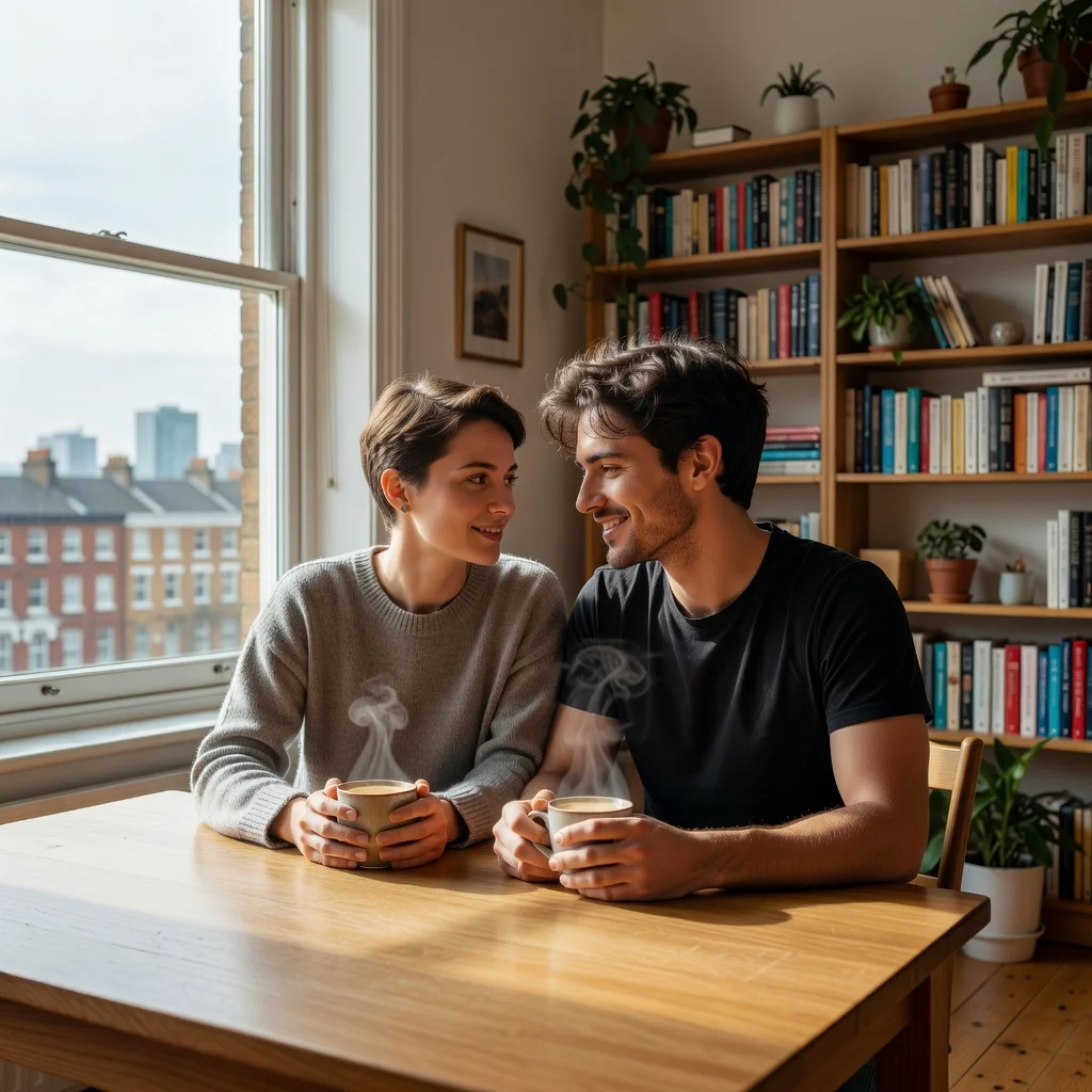 A photorealistic image depicting a young adult couple in a cozy modern apartment, sitting together at a kitchen table with morning coffee, smiling and discussing plans, symbolizing partnership and shared living without any legal documents visible.