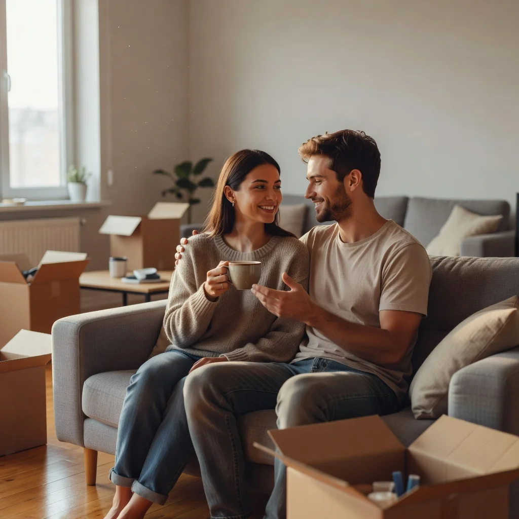 A photorealistic image of a young adult couple sitting together on a cozy couch in a modern living room, discussing their shared living arrangements with a sense of mutual understanding and commitment. They are smiling warmly at each other, holding hands, with subtle elements like moving boxes in the background to suggest cohabitation. No children are present in the image.