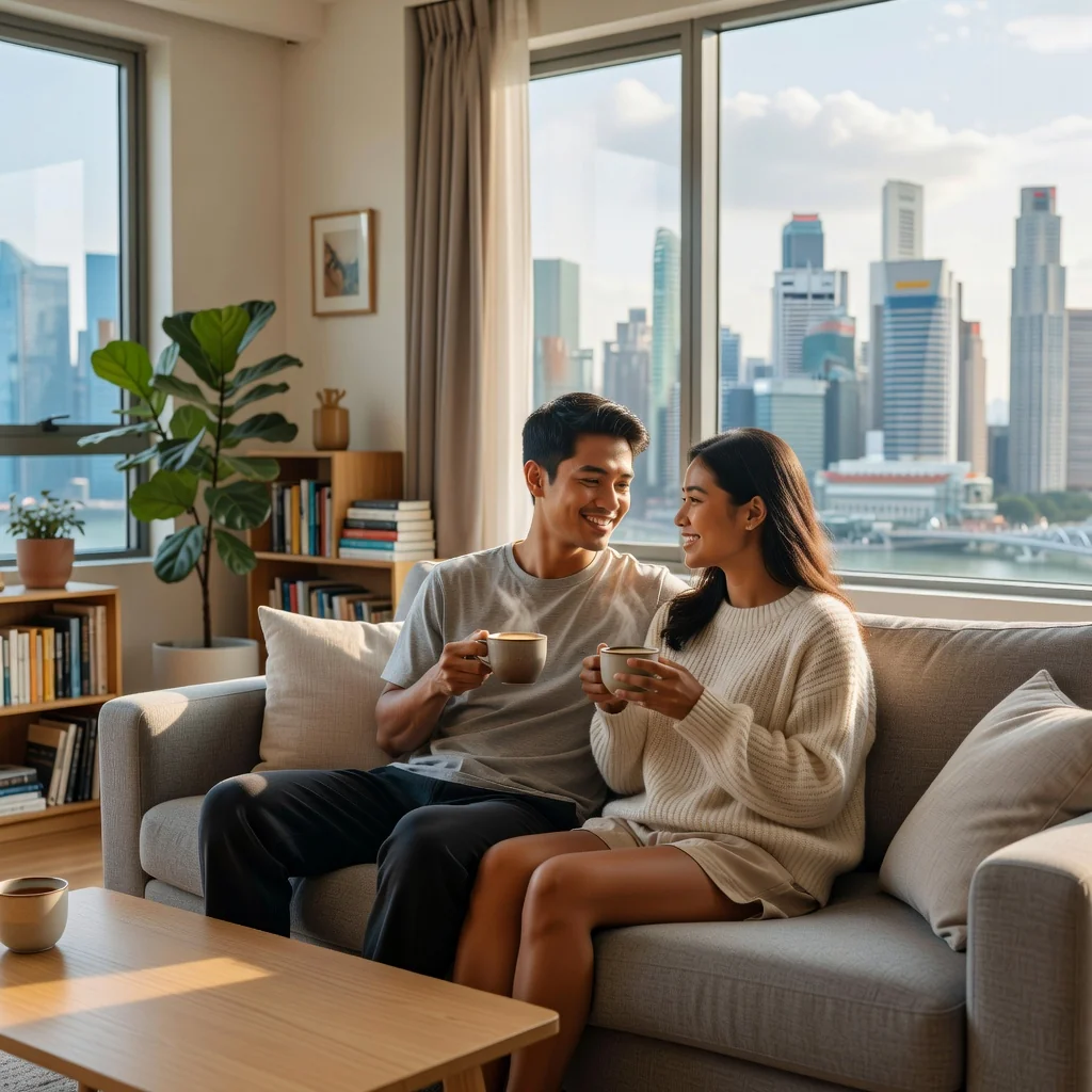 A photorealistic image of a happy young adult couple relaxing together on a cozy couch in a modern Singapore apartment, symbolizing cohabitation and partnership without any legal documents visible.