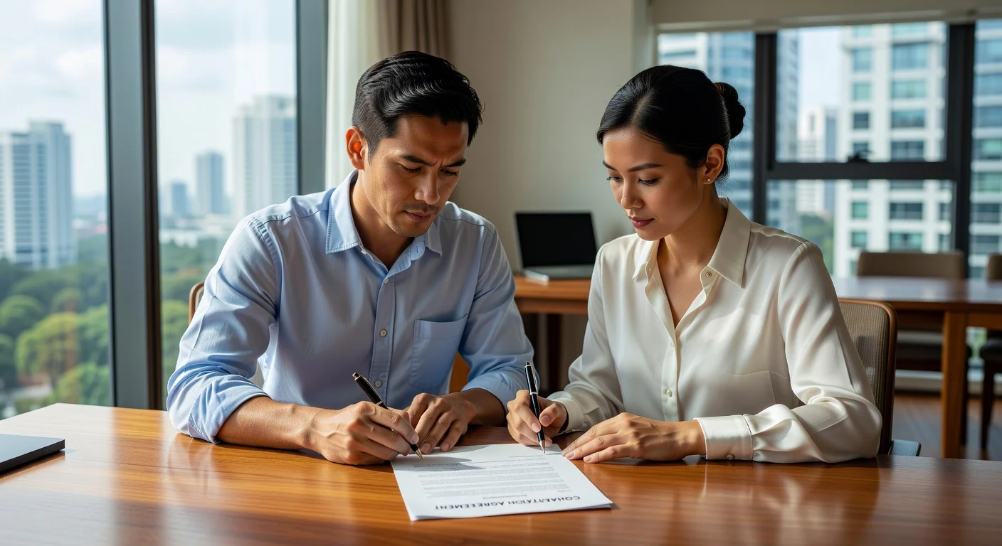 Couple signing cohabitation agreement
