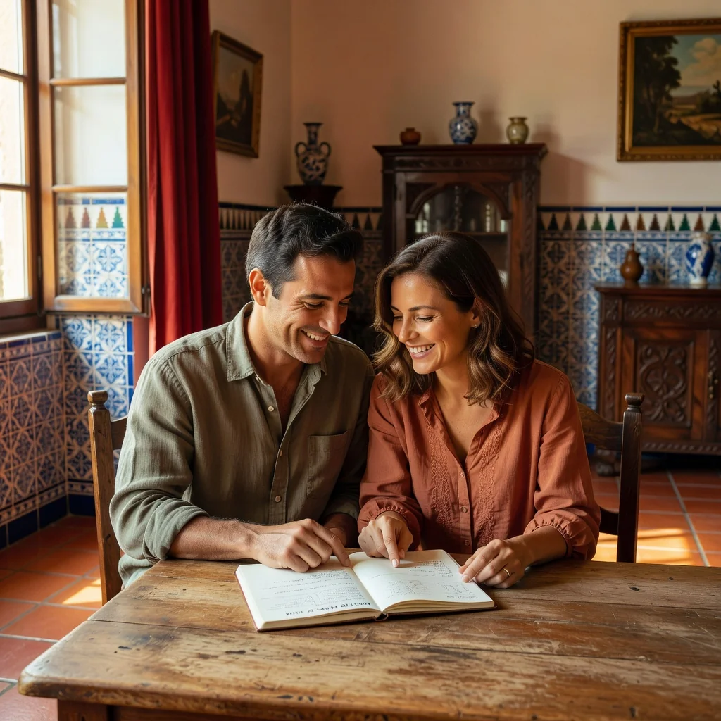 A photorealistic image of a happy adult couple sitting together at a table in a cozy Spanish home, reviewing a shared calendar or planning their future, symbolizing partnership and cohabitation agreement, with warm lighting and authentic details, no children present.