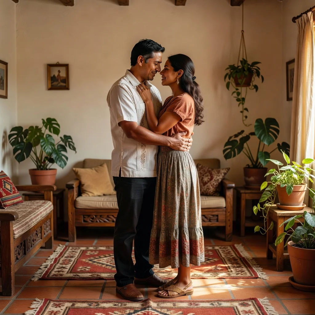 A photorealistic image depicting a loving adult couple in an intimate embrace, symbolizing a committed cohabitation relationship, set in a warm, modern Mexican home interior with subtle cultural elements like colorful textiles in the background. The focus is on their emotional connection and partnership, representing the essence of a concubinato agreement without any legal documents visible.