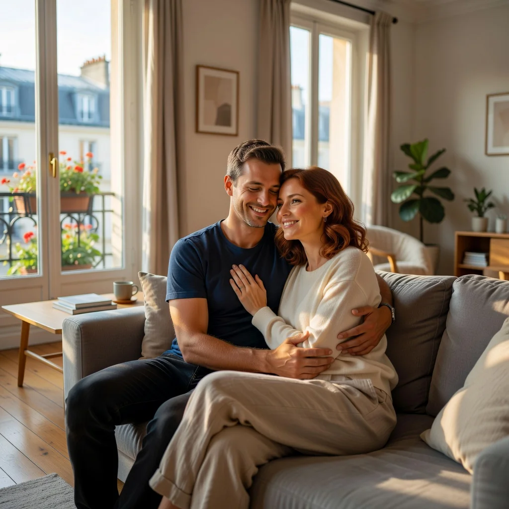 A photorealistic image of a happy adult couple in their mid-30s, embracing warmly in a cozy modern French apartment with soft natural light coming through large windows overlooking a Parisian street, symbolizing the commitment and shared life of a cohabiting partnership in France, no children present, no legal documents visible.
