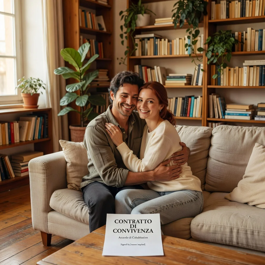A photorealistic image depicting a happy adult couple in their mid-30s, embracing warmly in a cozy modern Italian living room with warm lighting, symbolizing the commitment and shared life of a civil cohabitation agreement, no children present, no legal documents visible.