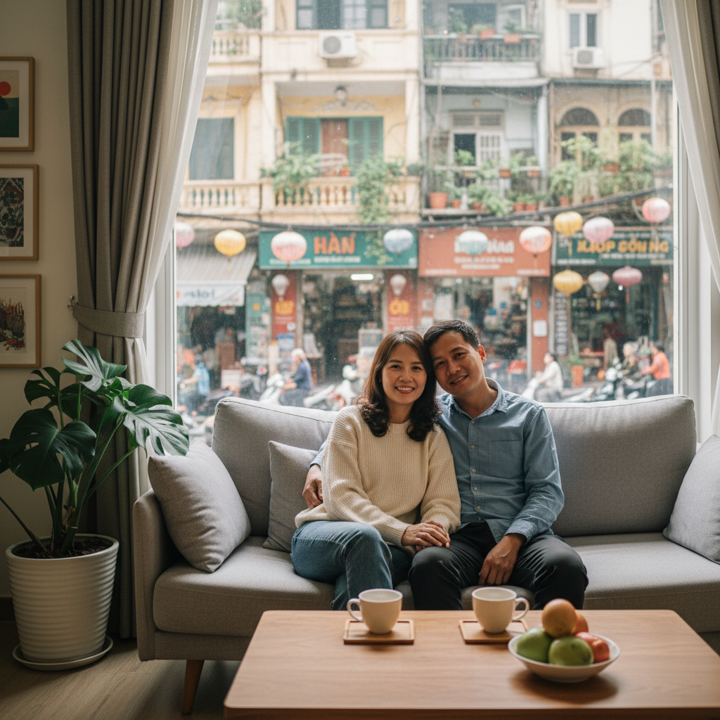 A photorealistic image depicting two consenting adults in a shared living arrangement, such as a modern Vietnamese apartment where they are comfortably settling in together, symbolizing cohabitation and partnership without any focus on legal papers. The scene shows warmth and harmony in daily life, like preparing a meal or relaxing in the living room, emphasizing the purpose of cohabitation agreements.