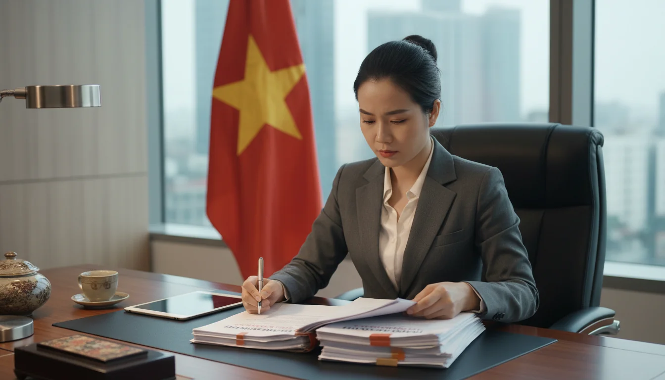 Vietnamese lawyer reviewing contract