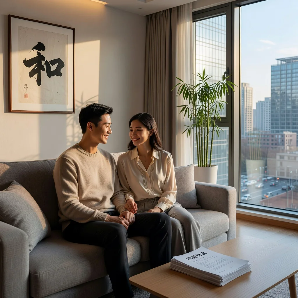 A photorealistic image depicting two young adults, a man and a woman, sharing a comfortable modern apartment in China, symbolizing cohabitation. They are seen laughing together in the living room, with Chinese cultural elements like a tea set on the table, representing harmony and agreement in shared living without focusing on legal documents. No children are present.