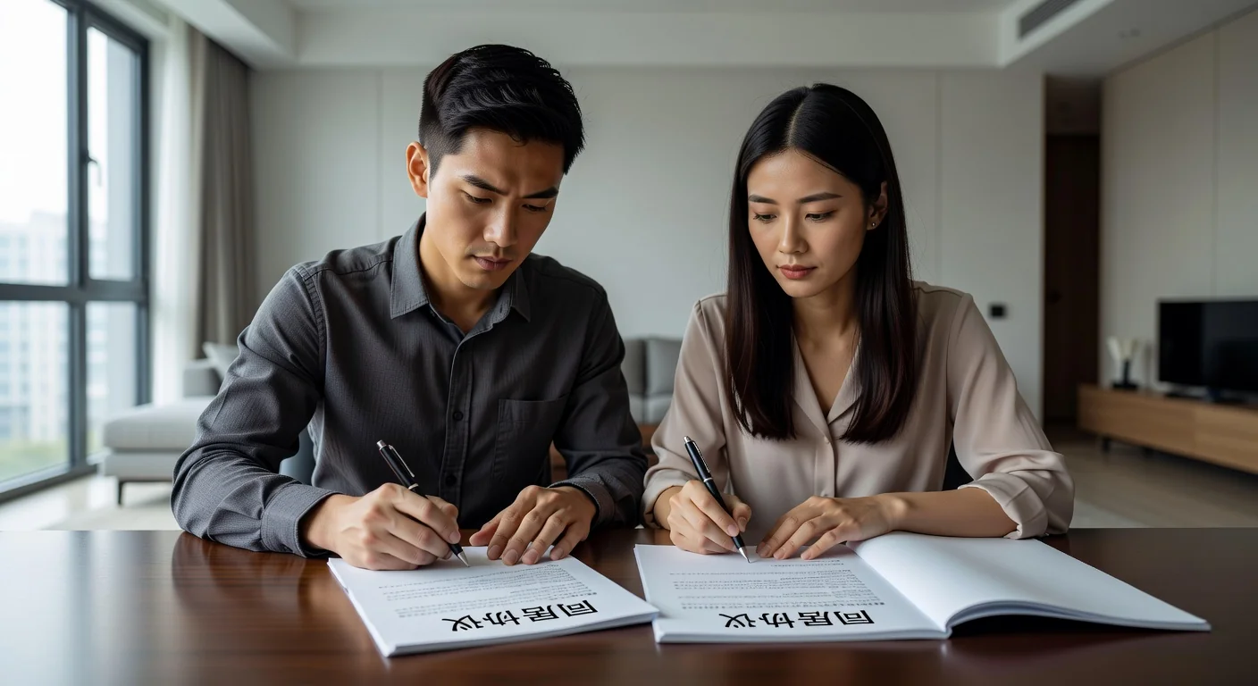 Couple signing cohabitation agreement