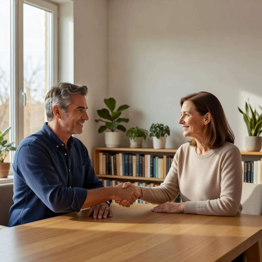A photorealistic image depicting a peaceful and cooperative meeting between two parents in a modern living room, discussing and agreeing on family matters with a sense of mutual respect and harmony, symbolizing the purpose of a custody agreement without showing any children or legal documents.