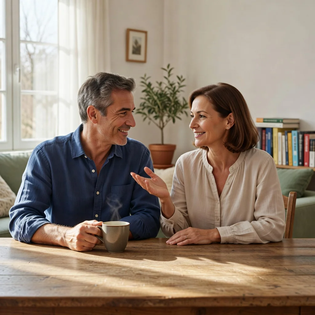 A photorealistic image representing the purpose of the Parenting Plan in Spain, focusing on family harmony and parental agreement. Depict two adults, a man and a woman, sitting at a table in a modern home, engaged in a calm discussion with smiles, symbolizing cooperation in parenting responsibilities. No children are present in the image. The scene should evoke balance, support, and mutual understanding in family matters.