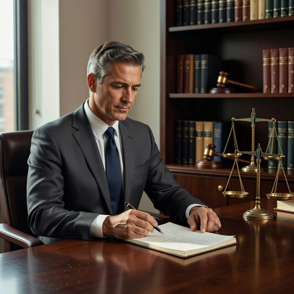 A photorealistic image depicting a compassionate family law attorney in a professional office setting, reviewing case notes on a desk with a subtle gavel and scales of justice in the background, symbolizing the process of child arrangements without showing any children or legal documents.