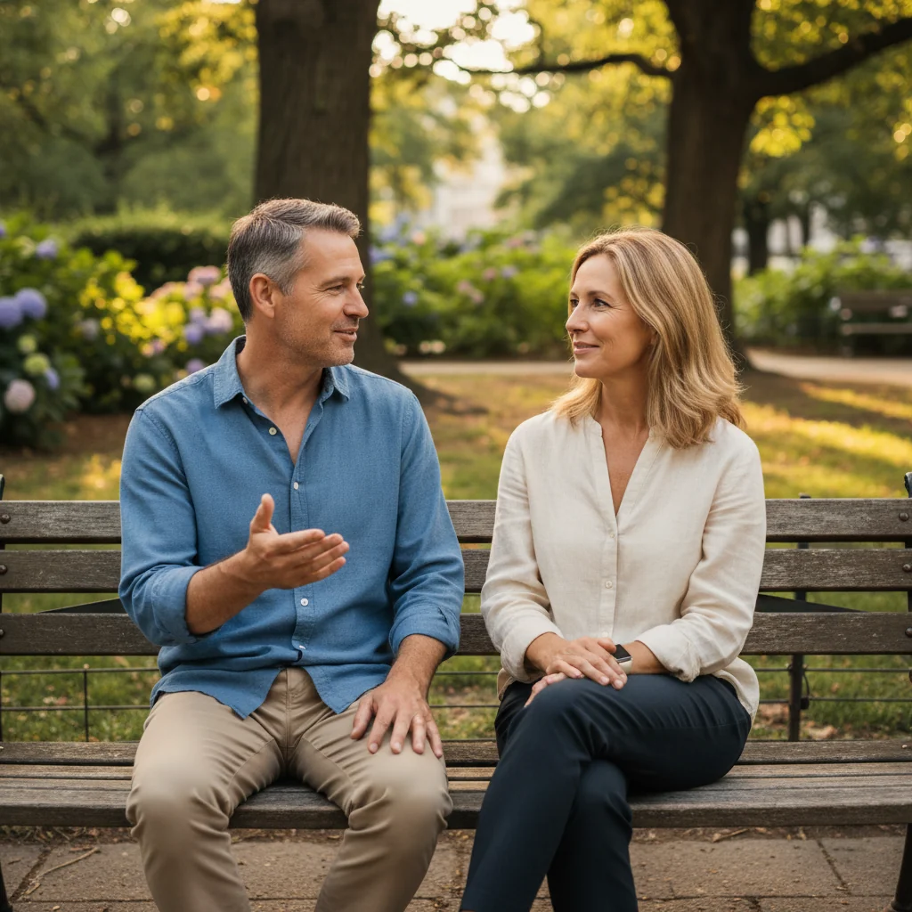 A photorealistic image depicting a peaceful moment between divorced parents discussing child-related matters amicably at a neutral location like a park bench, symbolizing cooperation in child upbringing and support without showing any children or legal documents.