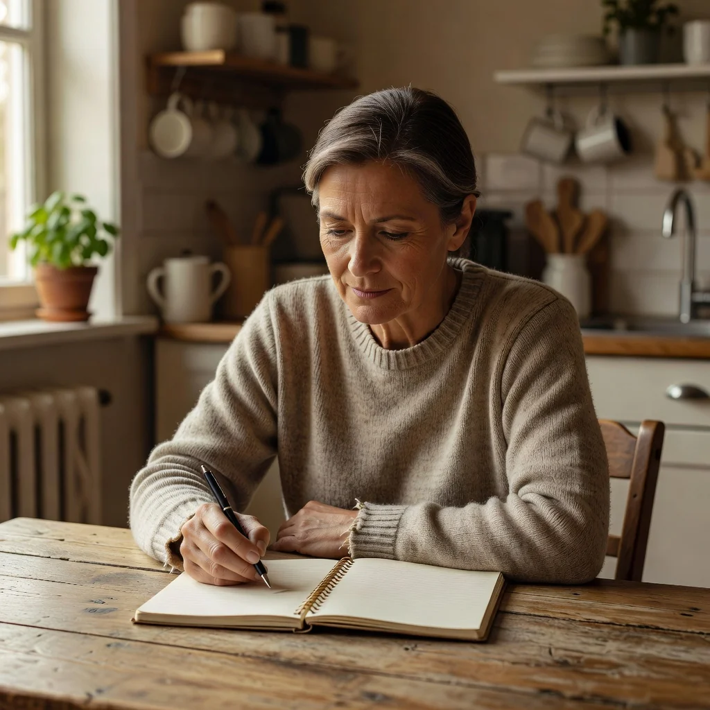 A photorealistic image depicting a caring parent in a thoughtful moment, sitting at a kitchen table with a notebook, symbolizing the creation of a parenting plan for the well-being of children, without showing any children or legal documents.