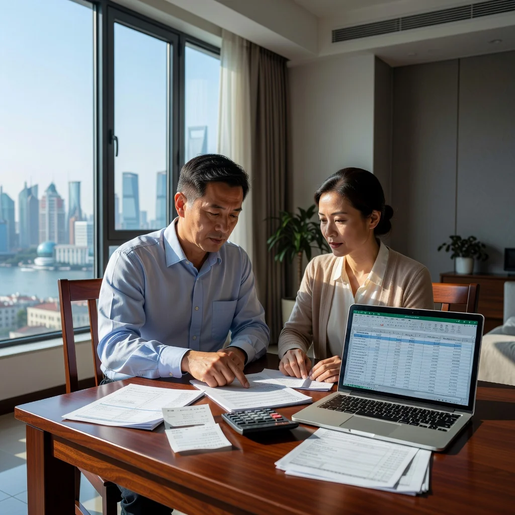 A photorealistic image depicting a caring adult couple in a modern Chinese home, sitting together at a table with financial documents and a laptop, discussing and planning family finances seriously, symbolizing the creation of a support plan, warm lighting, no children present.