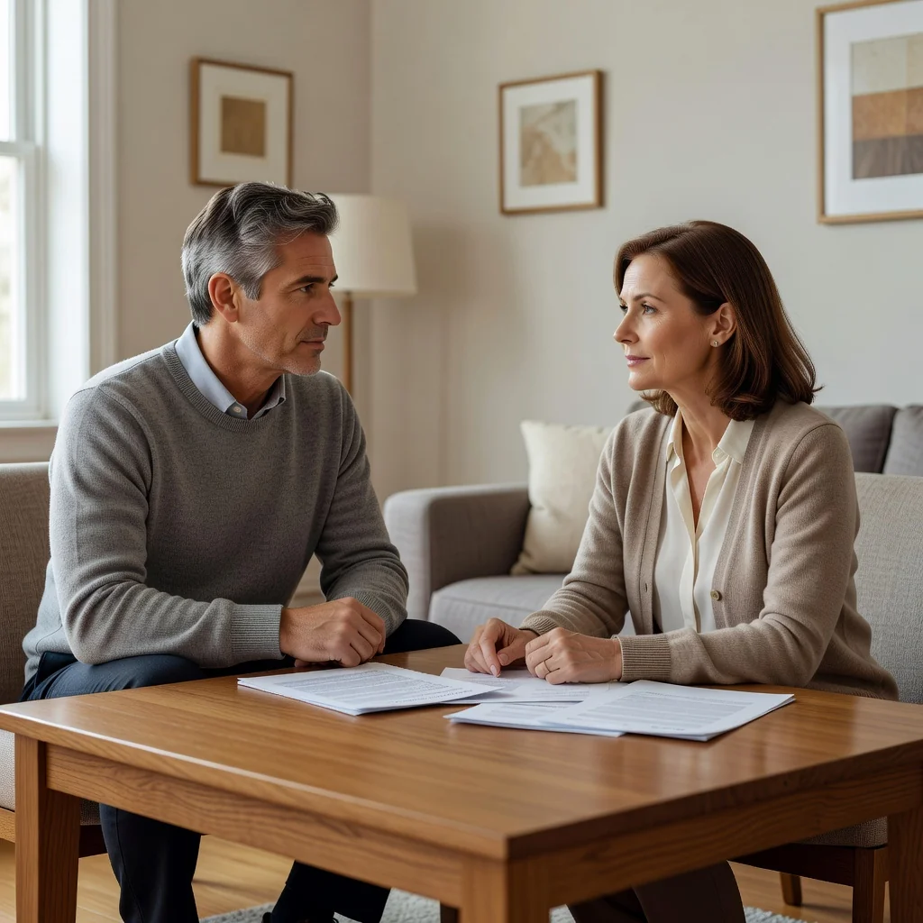 A photorealistic image depicting a calm and supportive conversation between two parents in a modern living room, symbolizing a cooperative custody agreement. They are sitting on a couch, facing each other with neutral expressions, perhaps with a cup of coffee on the table between them, emphasizing resolution and harmony without any children present.