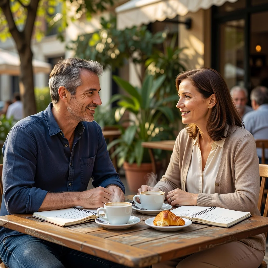 A photorealistic image depicting a peaceful and cooperative scene of divorced parents discussing and planning their child's future together in a neutral setting like a park bench or cafe, emphasizing harmony and responsibility without showing any children, legal documents, or emotional distress.