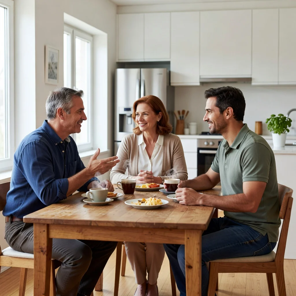 A photorealistic image depicting a harmonious family moment between two parents and an adult child, symbolizing parental rights and responsibilities. The family is sitting together at a dining table in a cozy home, sharing a meal and conversation, with warm lighting to convey unity and care. No children are present; focus on adult family members.