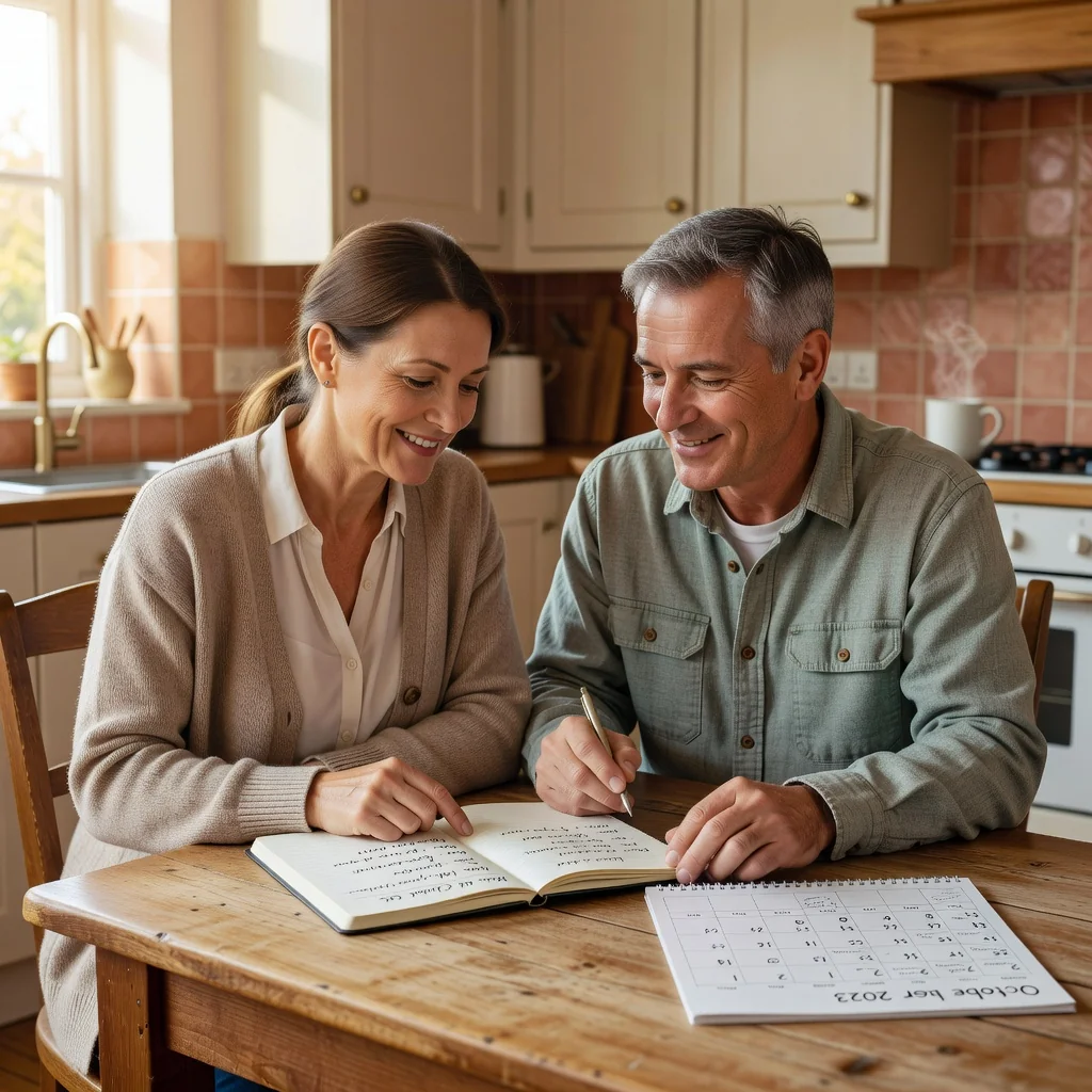 A photorealistic image representing the positive aspects of child arrangements in the UK, focusing on a happy family with parents and without showing any children, perhaps a couple discussing amicably in a cozy home setting or walking together in a park, symbolizing cooperation and family harmony.