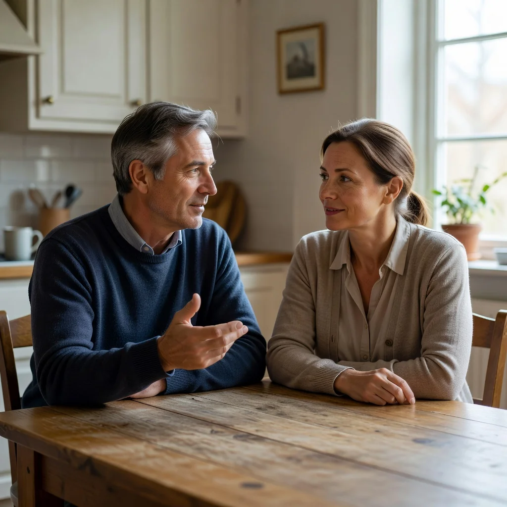 A photorealistic image depicting a peaceful family moment between parents, symbolizing cooperation and agreement in parenting, such as two adults discussing amicably at a kitchen table with warm lighting, evoking harmony and shared responsibility without any children present.