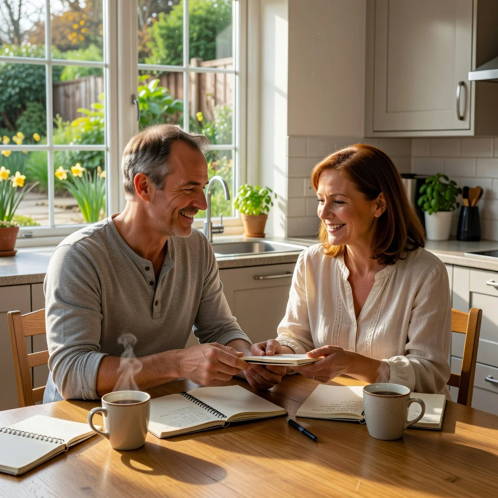 A photorealistic image depicting a harmonious co-parenting scene between two adults, symbolizing the purpose of a parenting plan, without any children present. The focus is on collaboration and agreement in a family context.