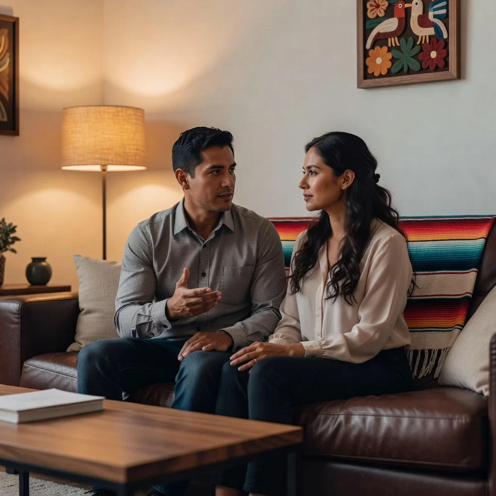 A photorealistic image representing family unity and parental responsibilities in a Mexican custody agreement context, showing two adults in a warm, supportive discussion at home, symbolizing rights and obligations without focusing on legal documents or children.