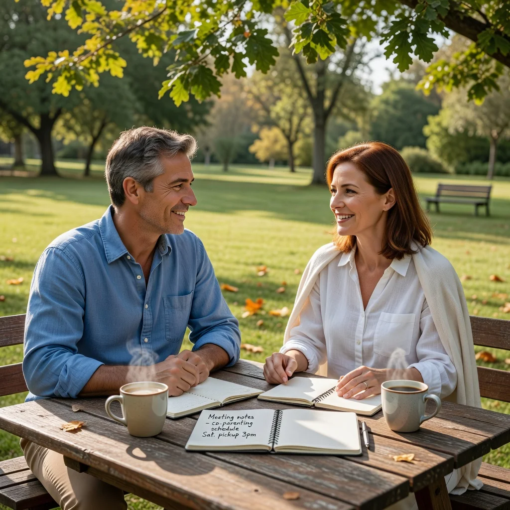 A photorealistic image of two divorced parents engaged in a calm and cooperative discussion, seated at a table in a neutral setting like a park or home, symbolizing the collaborative spirit of a parenting plan, with no children visible in the scene.