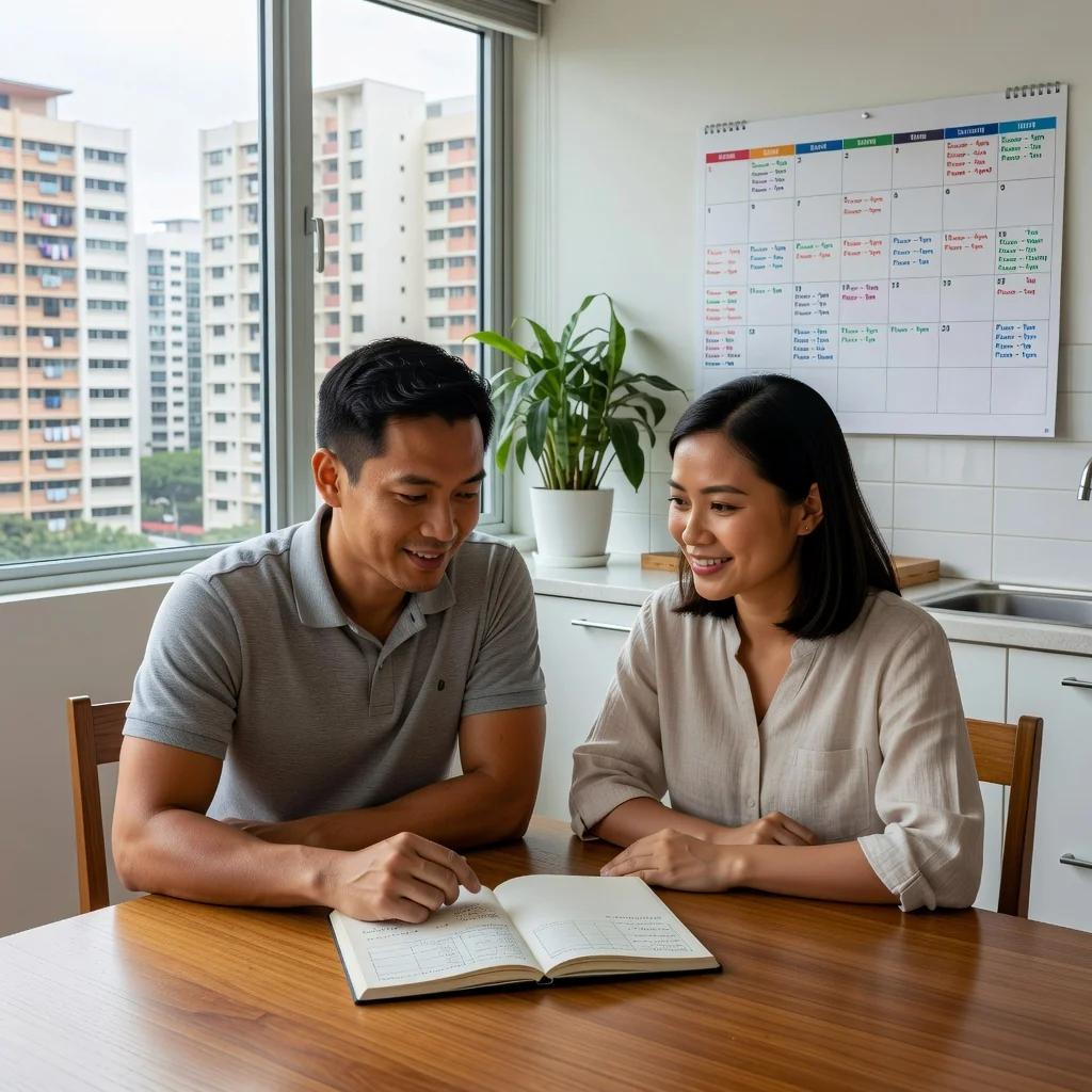 A photorealistic image depicting a serene moment of two parents sitting together at a cozy kitchen table in a modern Singaporean home, discussing and planning family matters with a calendar and notebook in front of them, symbolizing the creation of a comprehensive parenting plan. The atmosphere is calm and collaborative, with warm natural light filtering through the window, overlooking a subtle Singapore cityscape. No children are visible in the image.