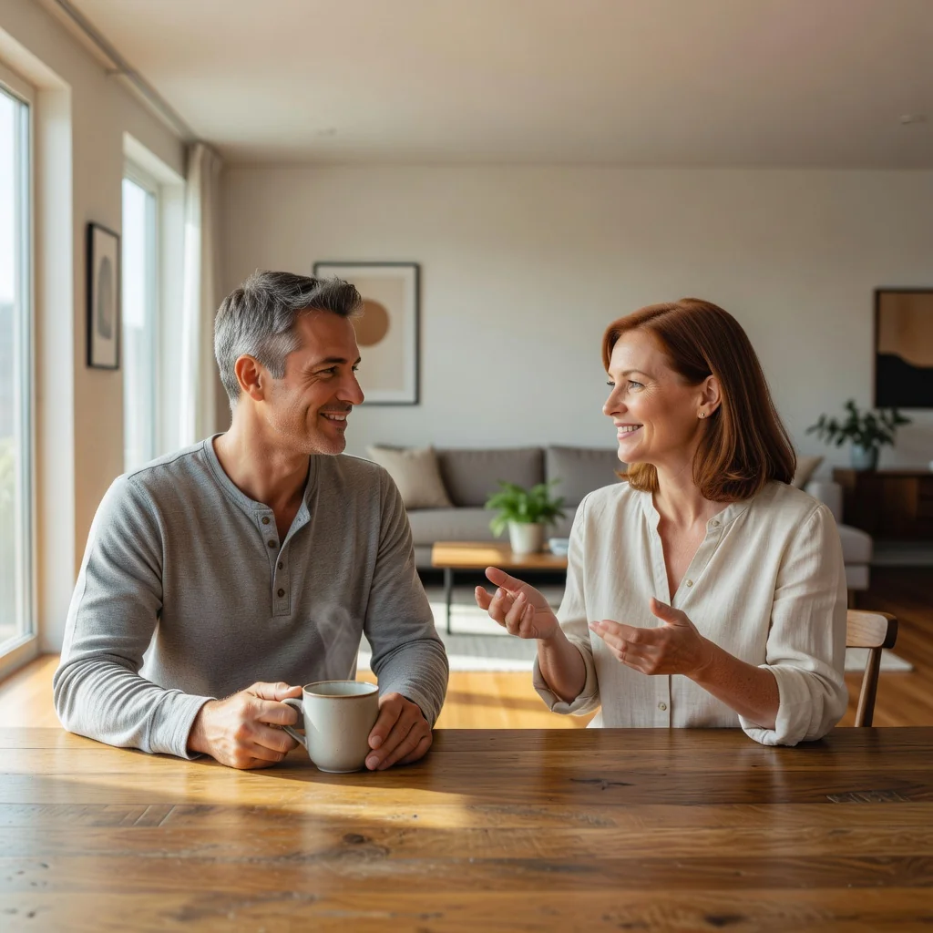 A photorealistic image of two amicable separated parents sitting together at a table in a cozy home setting, discussing and smiling warmly as they share a cup of coffee, symbolizing cooperation and mutual agreement without any presence of children or legal documents.