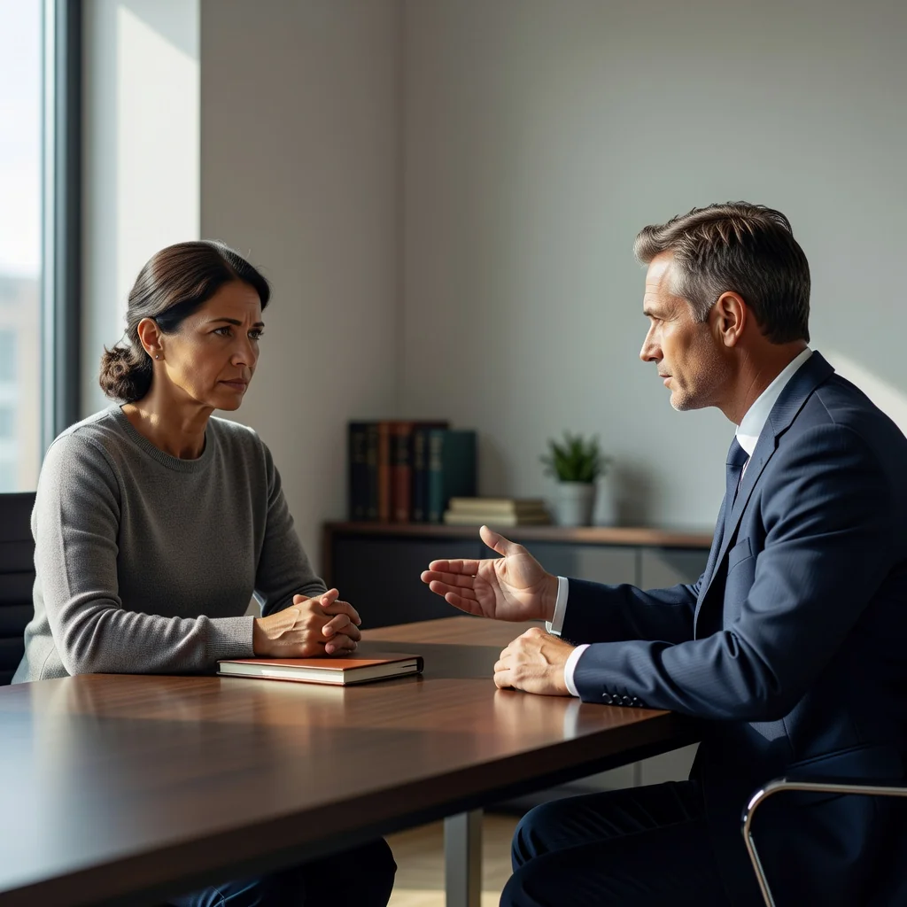 A photorealistic image depicting a caring adult parent in a thoughtful discussion with a family lawyer in a professional office setting, symbolizing the process of modifying a custody plan, with no children visible, focusing on consultation and legal guidance.
