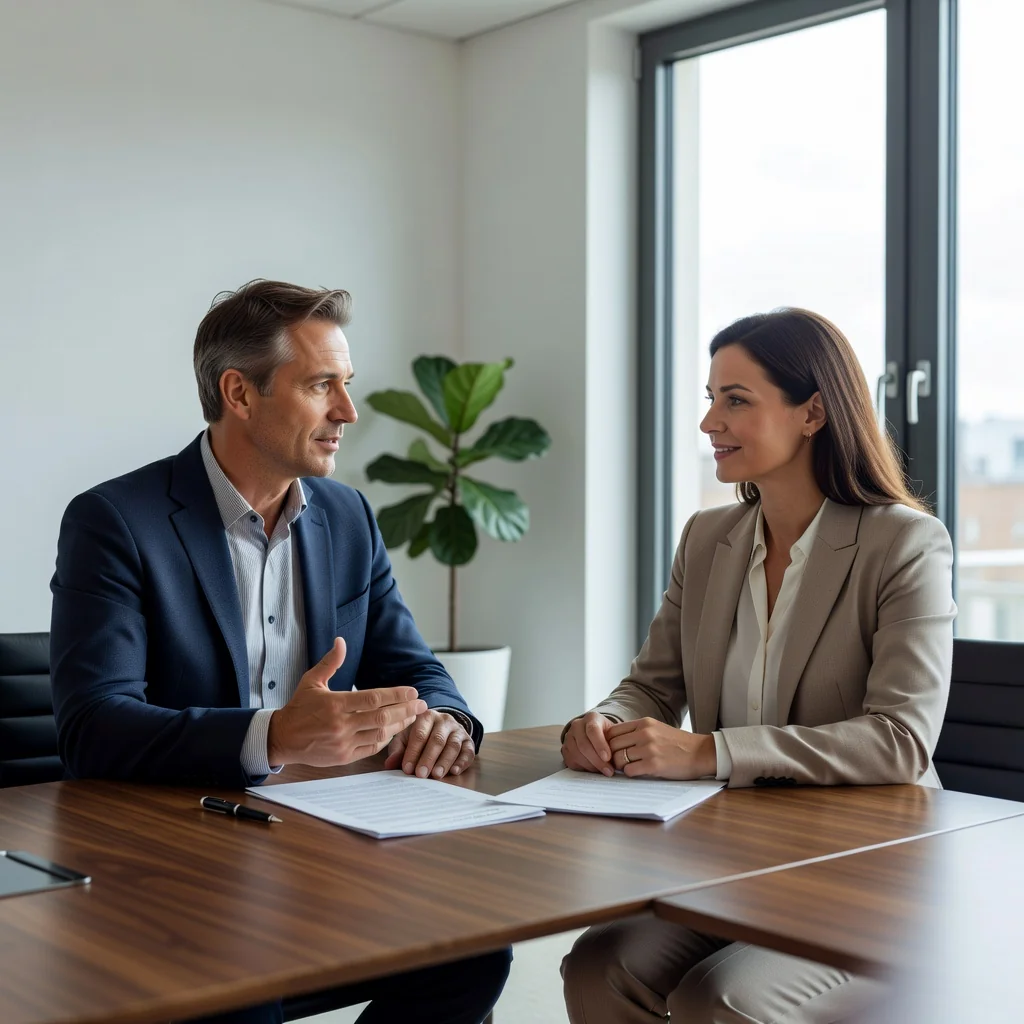 A photorealistic image representing the purpose of a child custody agreement in Germany, showing two calm and professional adults, such as a man and a woman, sitting across from each other at a wooden table in a modern office or neutral meeting room, engaged in a serious discussion with subtle gestures of cooperation, like nodding or hand gestures, symbolizing amicable agreement on parental responsibilities. The atmosphere is serene and supportive, with soft natural light from a window, no children or any child-related elements visible, emphasizing legal and emotional resolution for parents.