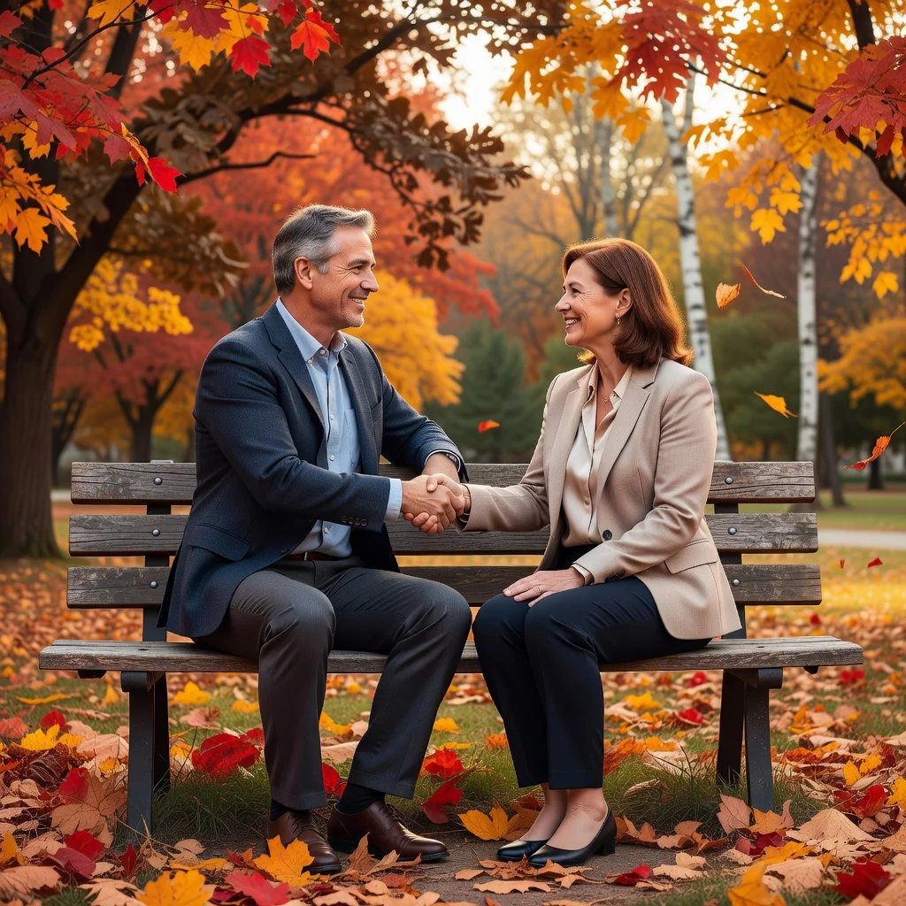 A photorealistic image depicting a peaceful family resolution scene, showing two adults shaking hands in a neutral setting like a park bench, symbolizing agreement and harmony in child arrangements without any children present.
