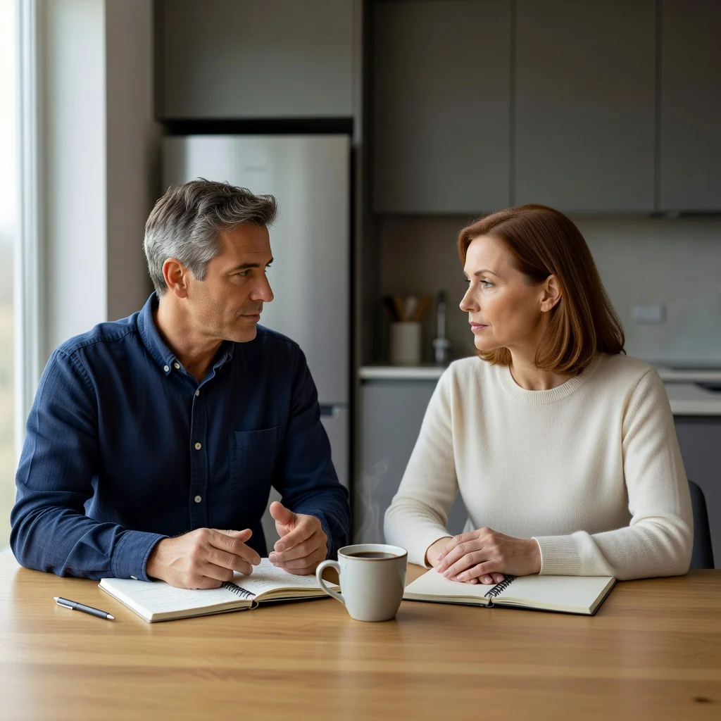 A photorealistic image depicting a peaceful family discussion between two parents at a kitchen table, symbolizing the modification of a parenting plan, with warm lighting and natural expressions of cooperation, no children visible in the scene.