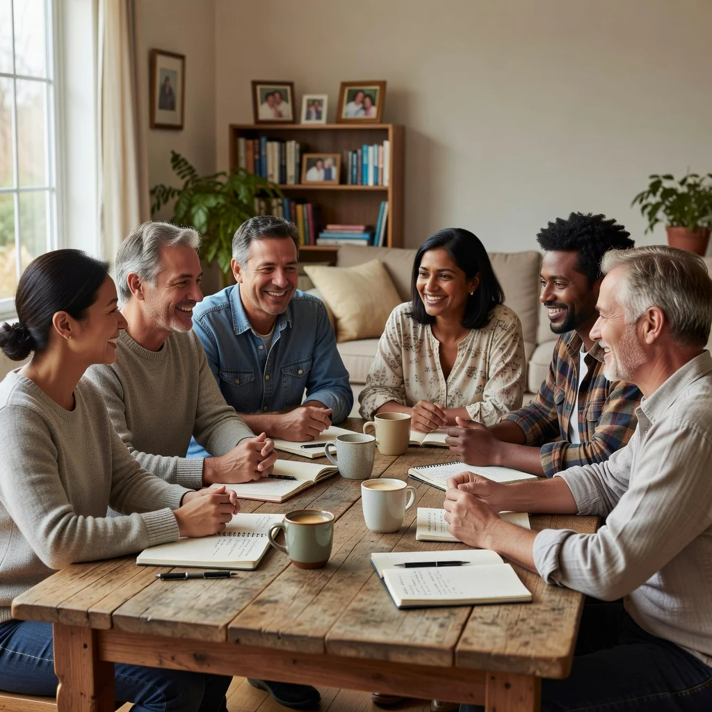 A photorealistic image depicting a diverse group of parents engaged in a calm, collaborative discussion around a wooden table in a cozy home setting, symbolizing the creation of a parenting plan. They are smiling and gesturing positively, with notebooks and coffee mugs on the table, evoking cooperation and family harmony. No children are visible in the scene.