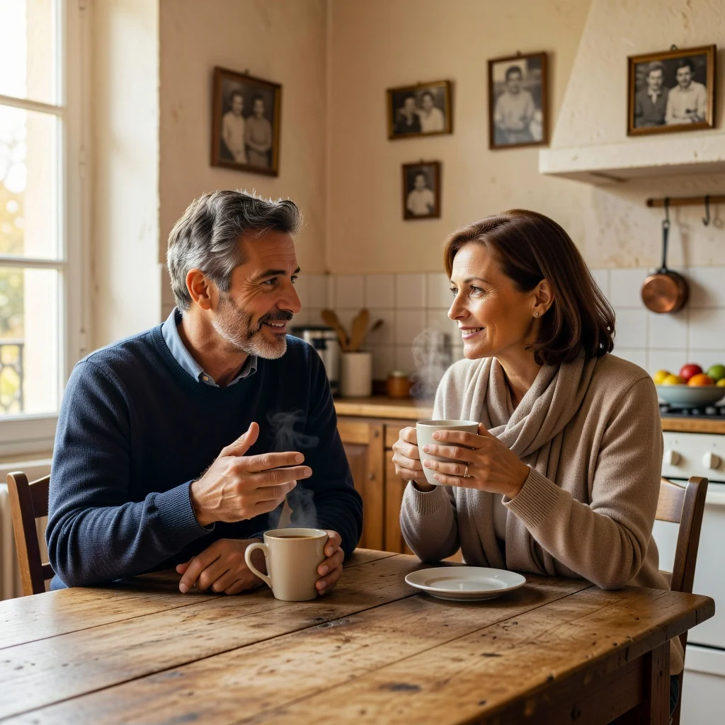 A photorealistic image of a calm and supportive conversation between two parents, seated at a kitchen table in a modern French home, discussing family matters with empathy and cooperation, symbolizing parental agreement and harmony without any children present.