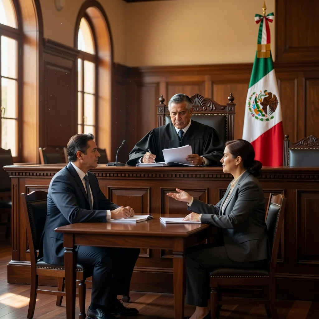 A photorealistic image depicting a serene courtroom scene in Mexico, with a compassionate judge in traditional robes presiding over a custody agreement discussion between two attentive parents, emphasizing themes of family protection and legal resolution, without any children present.