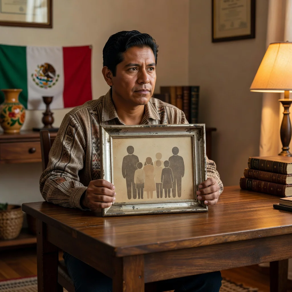 A photorealistic image representing family guardianship and custody in Mexico, showing a caring adult figure in a thoughtful pose, perhaps looking at a family photo or in a home setting, evoking themes of protection and legal family matters. No children are visible in the image.