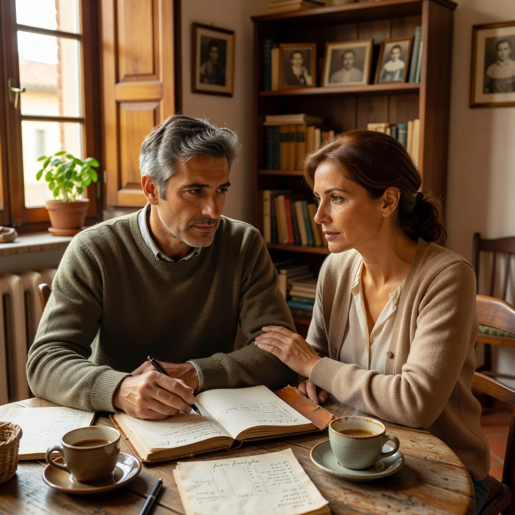 A photorealistic image of a caring Italian couple in their mid-30s sitting together at a home table, discussing family plans with a calendar and notebook in front of them, symbolizing the purpose of a parental plan in Italy. The scene is warm and intimate, set in a modern Italian living room with subtle national elements like a map of Italy in the background. No children are present in the image.