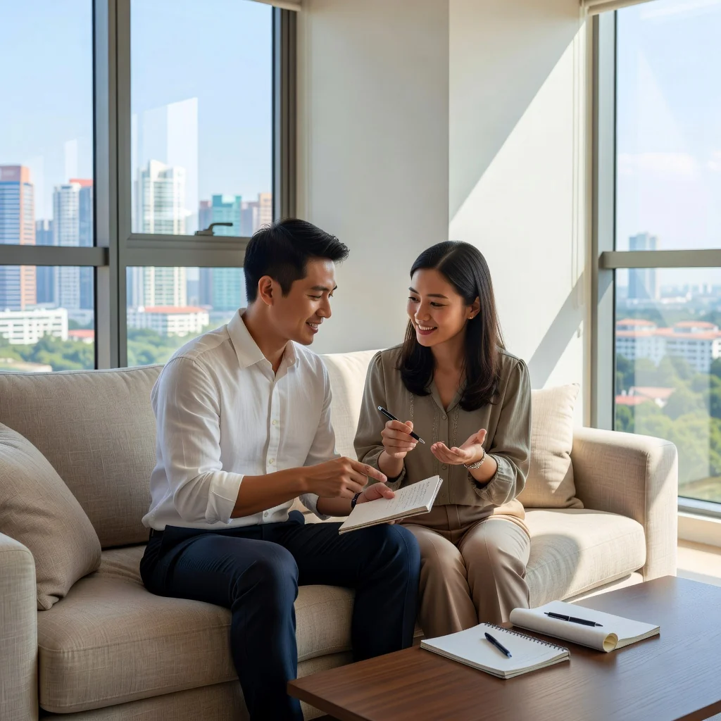 A photorealistic image of a diverse Singaporean couple in a modern living room, sitting together on a couch, discussing with warm smiles and focused expressions, symbolizing collaborative family planning and harmony, with subtle Singaporean elements like a window view of HDB flats in the background. No children are present.