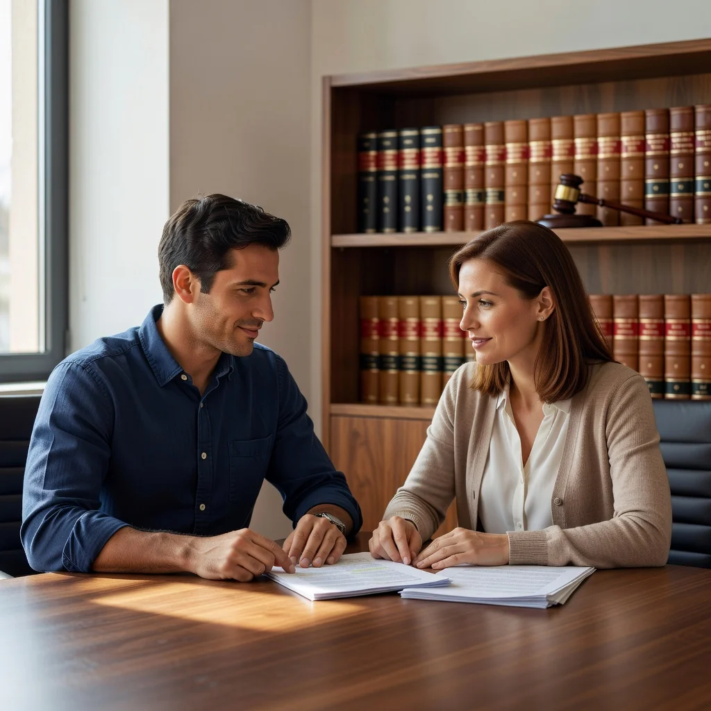A photorealistic image representing the concept of parenting plans in Spanish law, focusing on adult parents discussing family arrangements amicably in a modern office setting with legal books in the background, evoking themes of cooperation, family harmony, and legal guidance without any children present.