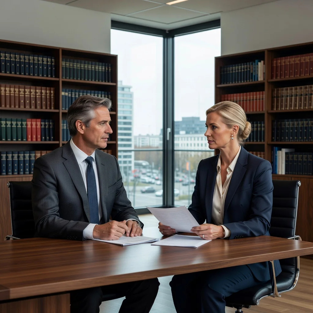A photorealistic image representing the purpose of a Sorgerechtsvereinbarung, which is a custody agreement between separated parents in Germany. The image shows a mature couple in a neutral, professional setting like a lawyer's office, sitting across a table and calmly discussing or signing papers, with a subtle background element like a family photo frame without any children visible, emphasizing cooperation and legal agreement on parental responsibilities.
