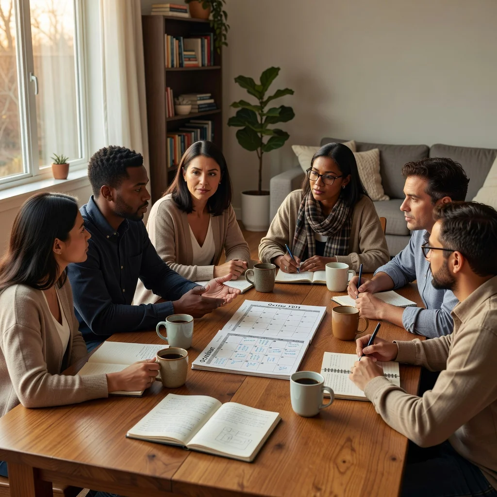 A photorealistic image representing child arrangements in a family context, showing a diverse group of adults such as parents and guardians engaged in a calm, collaborative discussion around a table in a modern living room, with elements like a calendar, coffee cups, and neutral background, symbolizing legal planning and agreement without any focus on documents or children.