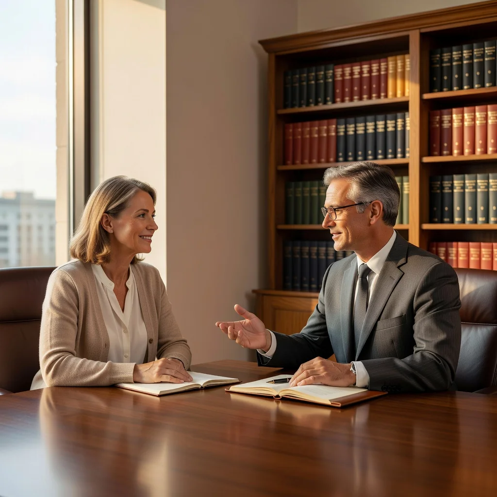 A photorealistic image of a caring parent and a family lawyer in a professional office setting, discussing parenting arrangements amicably over a table with coffee cups, symbolizing the collaborative purpose of a parenting plan without showing any children.