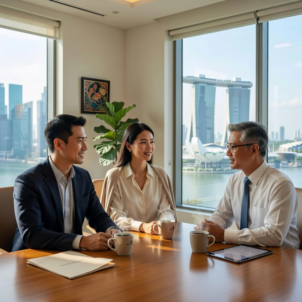 A photorealistic image depicting a peaceful family mediation session in a modern Singaporean setting, focusing on a diverse couple of parents discussing amicably with a neutral mediator, symbolizing cooperation in parenting arrangements, without any children present.