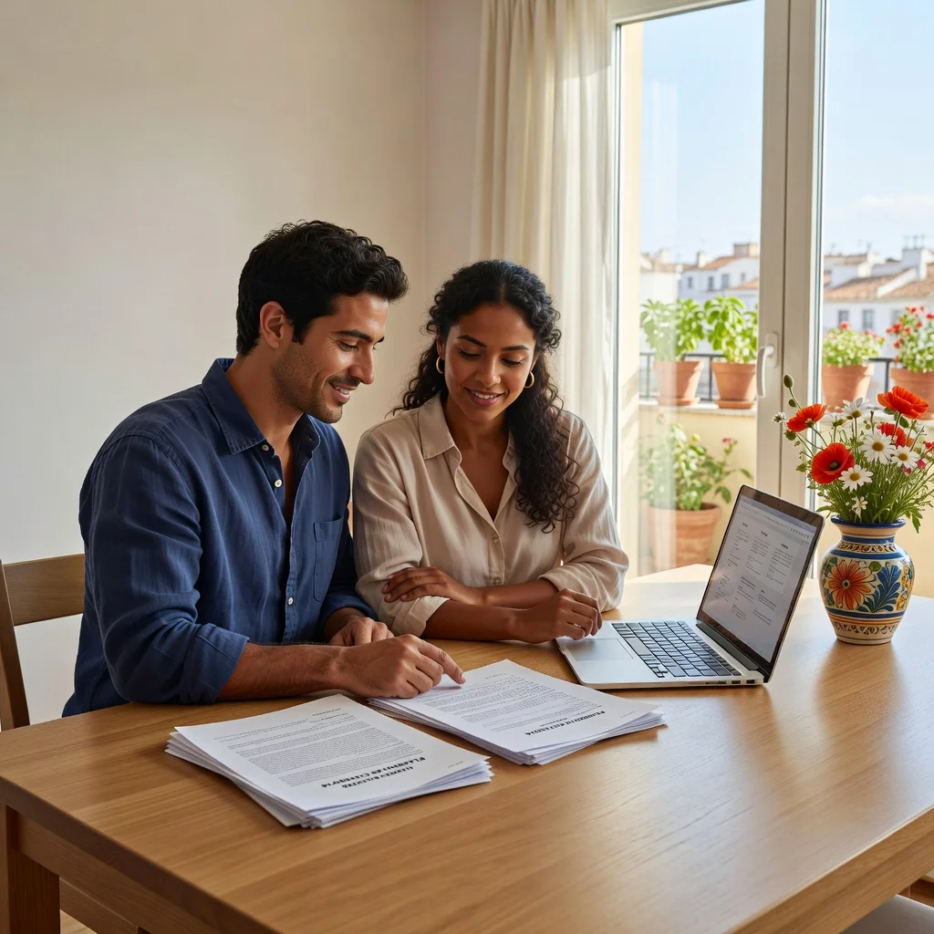 A photorealistic image representing family planning and legal agreements in Spain, showing a diverse adult couple in their 30s sitting together at a wooden table in a modern Spanish home, thoughtfully reviewing printed documents and a laptop, with subtle Spanish elements like a window view of a balcony with plants and distant cityscape, conveying a sense of partnership and future planning, no children present.