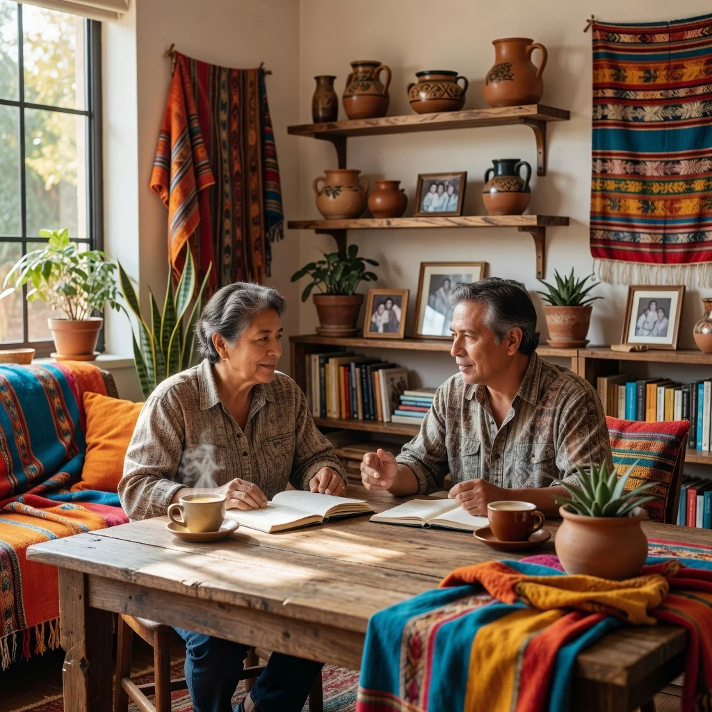 A photorealistic image depicting a peaceful family scene in a modern Mexican home, focusing on a caring parent and an adult relative discussing arrangements calmly at a table, with warm lighting and subtle Mexican cultural elements like pottery in the background, symbolizing custody and guardianship agreements without showing any children.