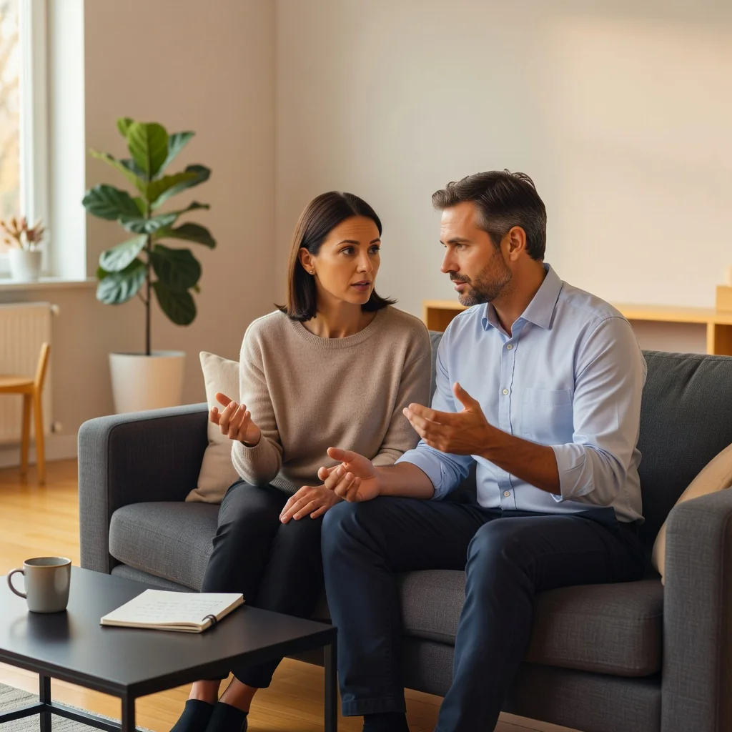 A photorealistic image depicting a caring moment between two parents, such as a mother and father sitting together on a couch in a cozy living room, discussing family matters with warm smiles and engaged expressions, symbolizing parental consent and agreement without any children present.