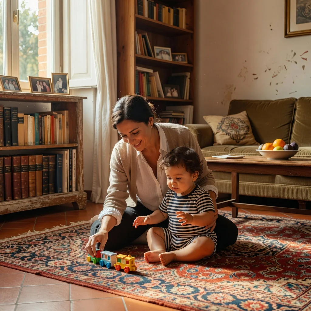 A photorealistic image representing parental responsibilities in Italy, showing a caring adult parent spending quality time with their young child in a cozy Italian home setting, emphasizing family bonding and legal guardianship themes without displaying any documents.